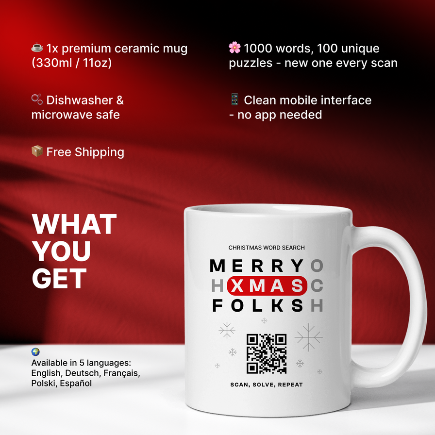 Weihnachts-Wortsuche QR Tasse - 1.000 versteckte Wörter