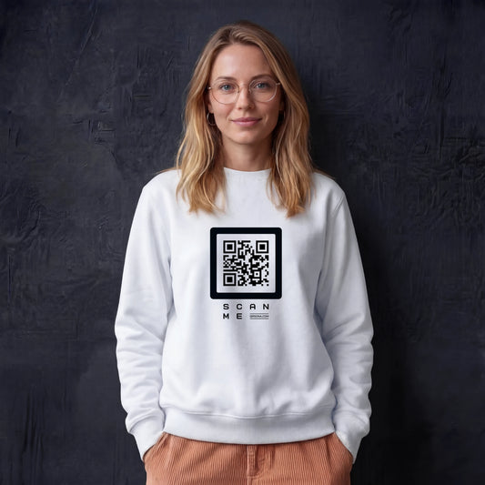 Woman wearing white crewneck with Black QR code on chest