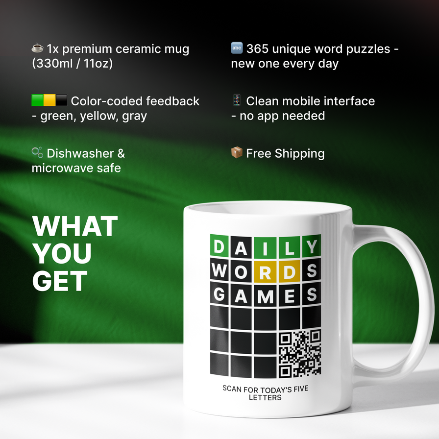 Daily Word Game Mug: Interactive QR Code Puzzle, 5-Letter Daily Challenge