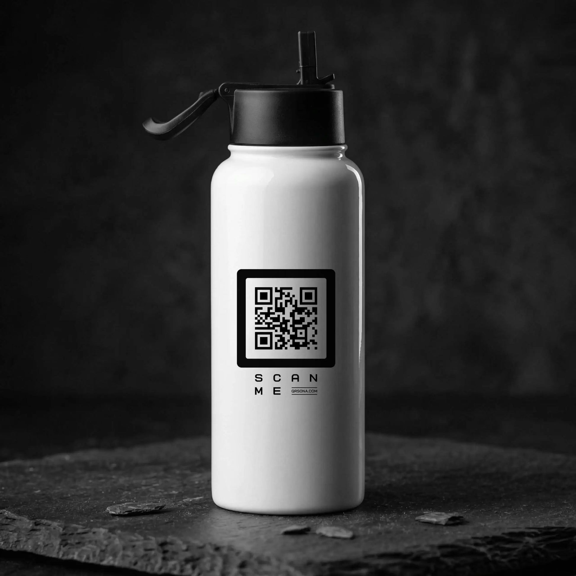 Steel Bottle with straw. White bottle with black QR code. Glossy white Bottle.