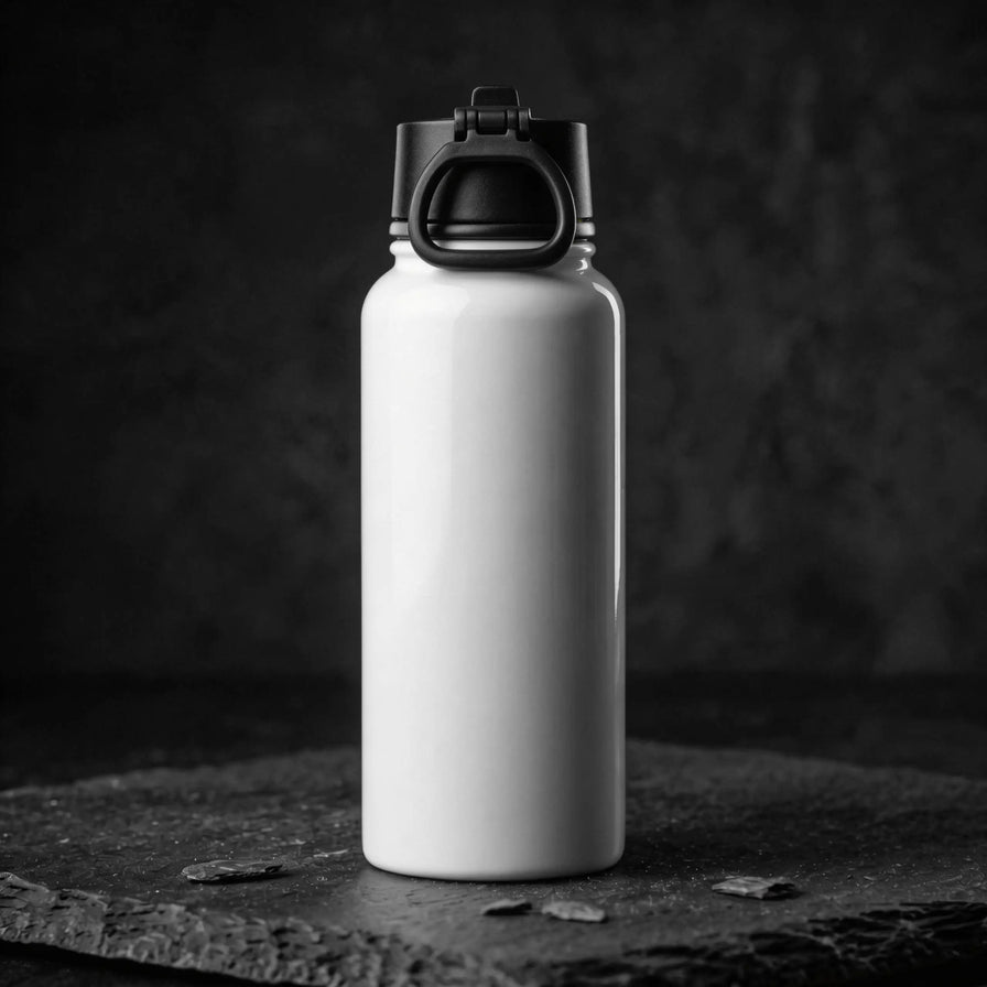 Steel Bottle with straw. White bottle with black QR code. Glossy white Bottle Front View
