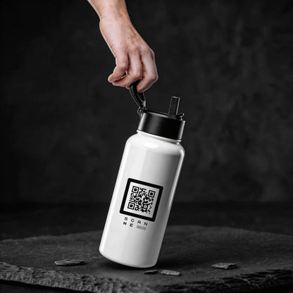 Steel Bottle with straw. White bottle with black QR code. Glossy white Bottle Holding by person.