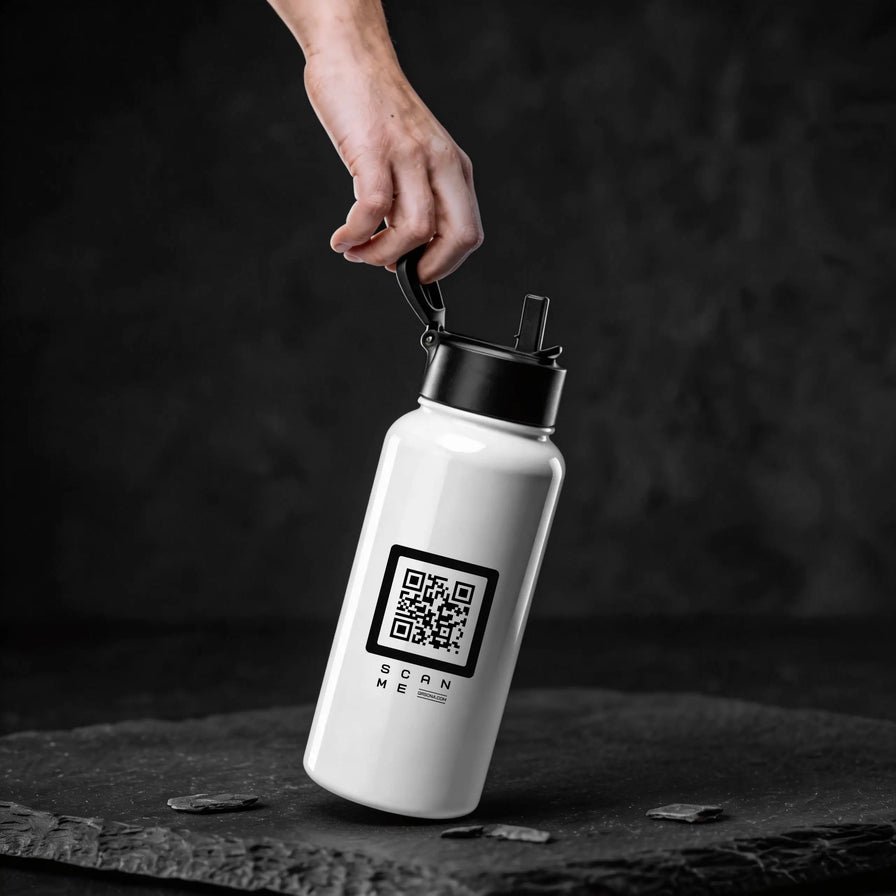 Steel Bottle with straw. White bottle with black QR code. Glossy white Bottle Holding by person.