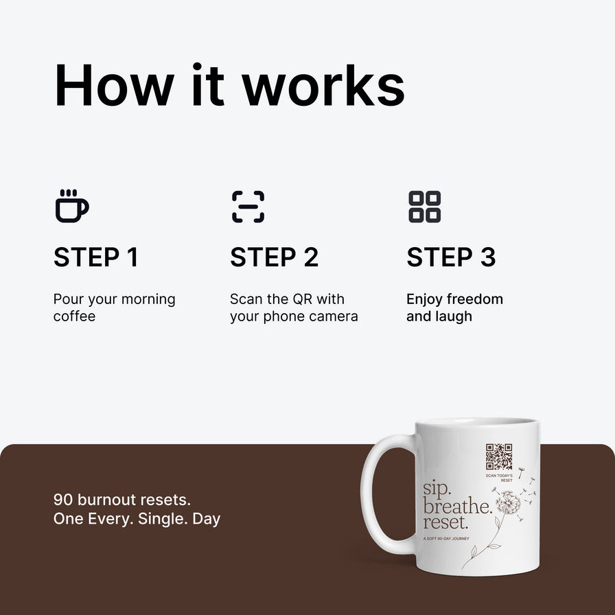 Burnout-Tasse mit QR - 90 Tage kleine Auszeiten