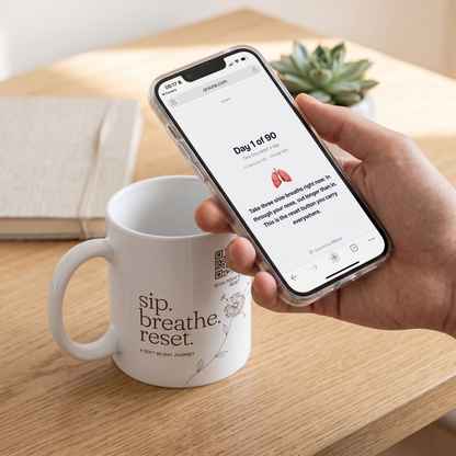Burnout-Tasse mit QR - 90 Tage kleine Auszeiten