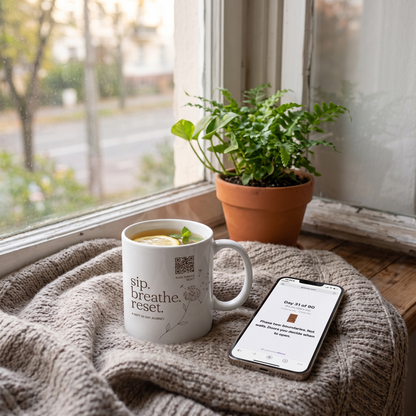 Burnout-Tasse mit QR - 90 Tage kleine Auszeiten