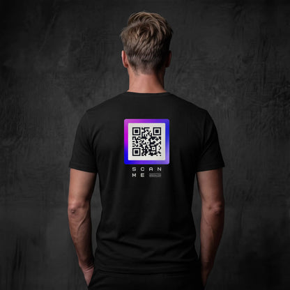 Man wearing black t-shirt with qr code on back