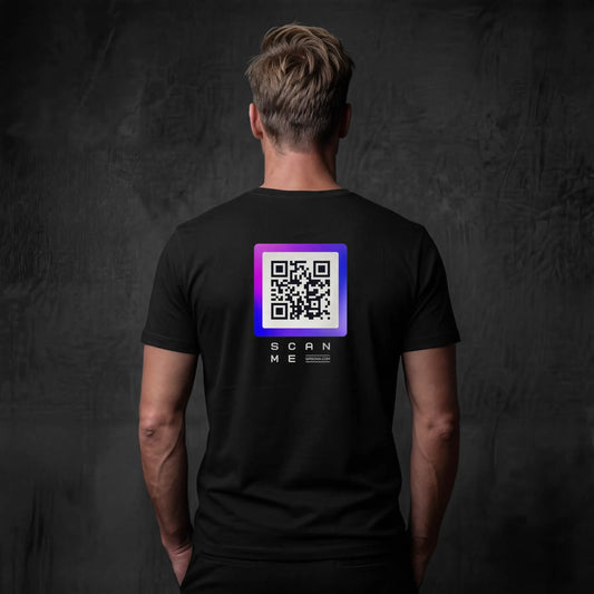 Man wearing black t-shirt with qr code on back