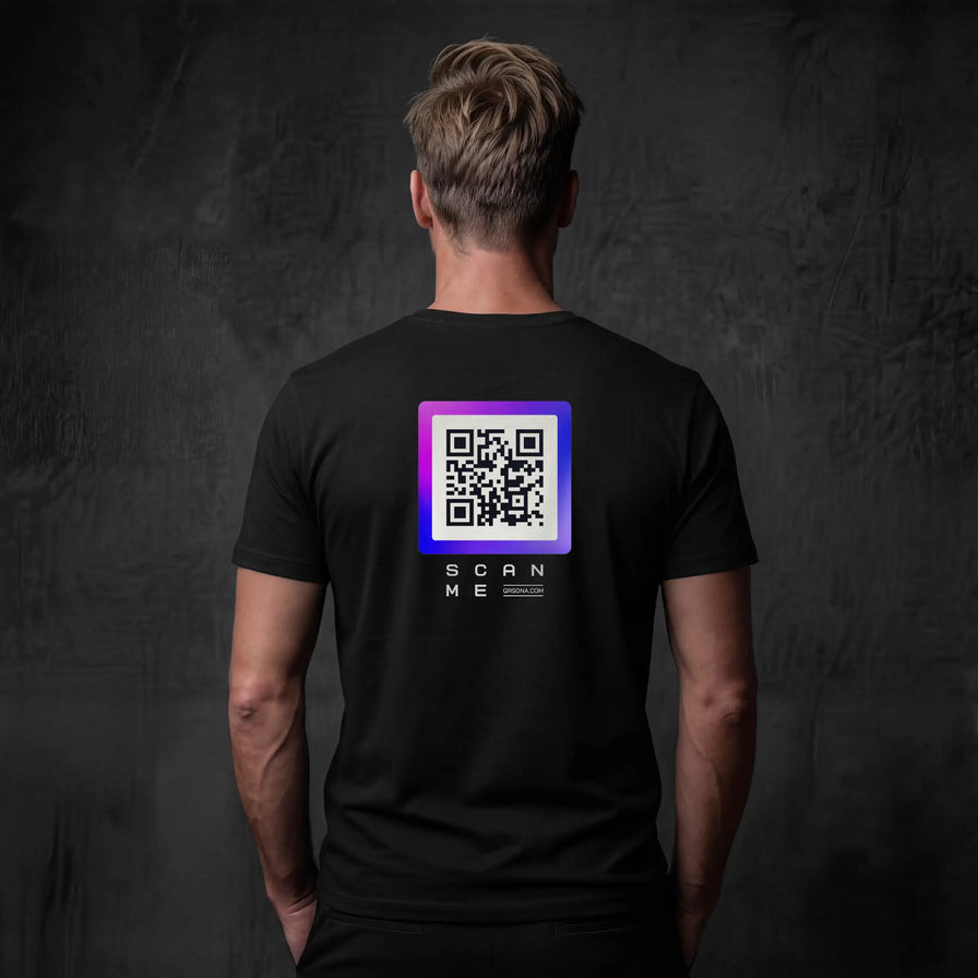 Man wearing black t-shirt with qr code on back