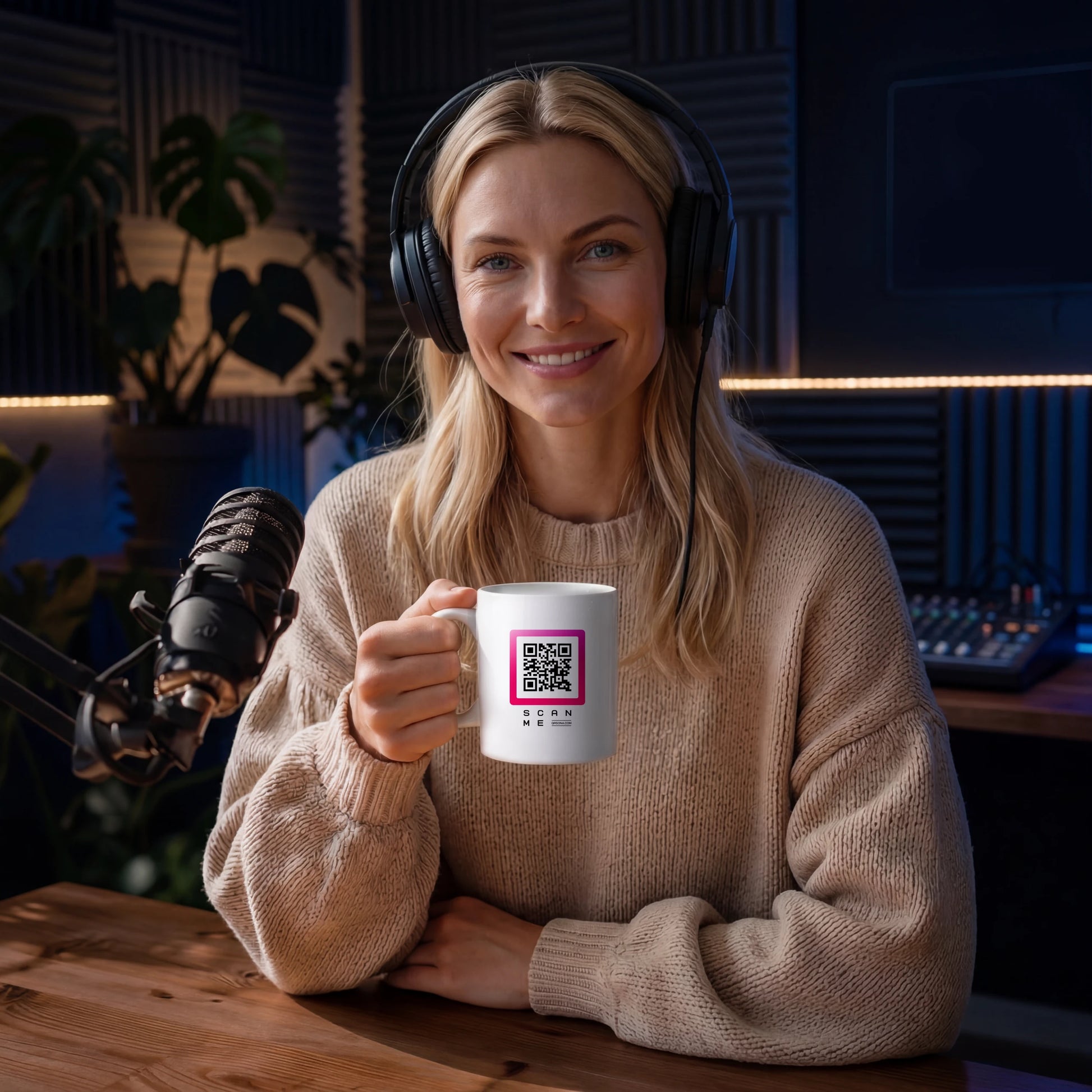 Woman podcaster drinking tea with Qrsona ceramic mug in record studio