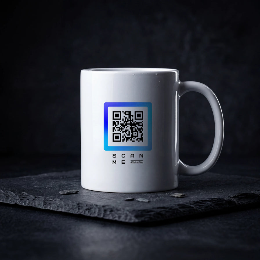 Qrsona Ceramic White mug with Blue QR Code style