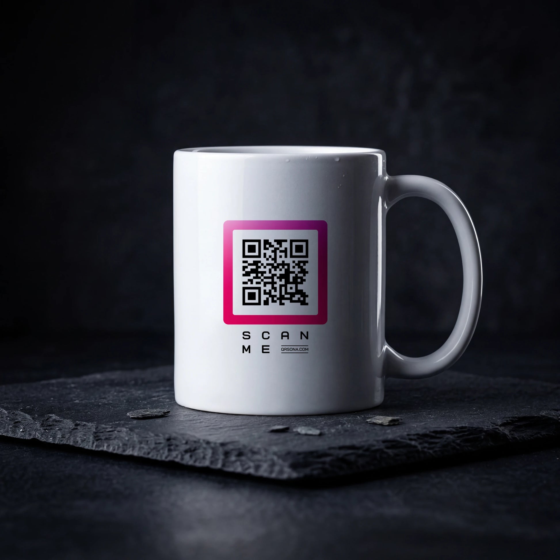 Qrsona Ceramic White mug with Magenta QR Code style
