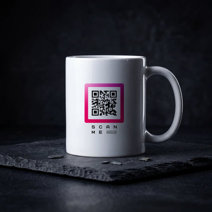 Qrsona Ceramic White mug with Magenta QR Code style