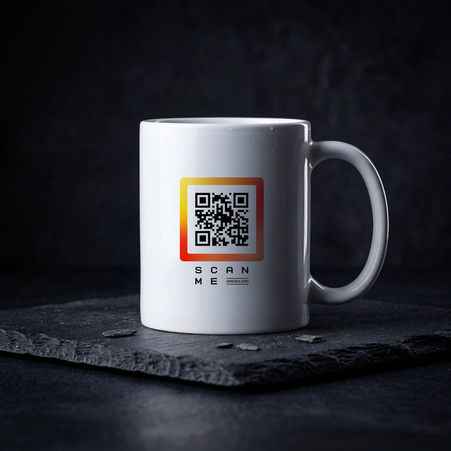 Qrsona Ceramic White mug with Orange QR Code style