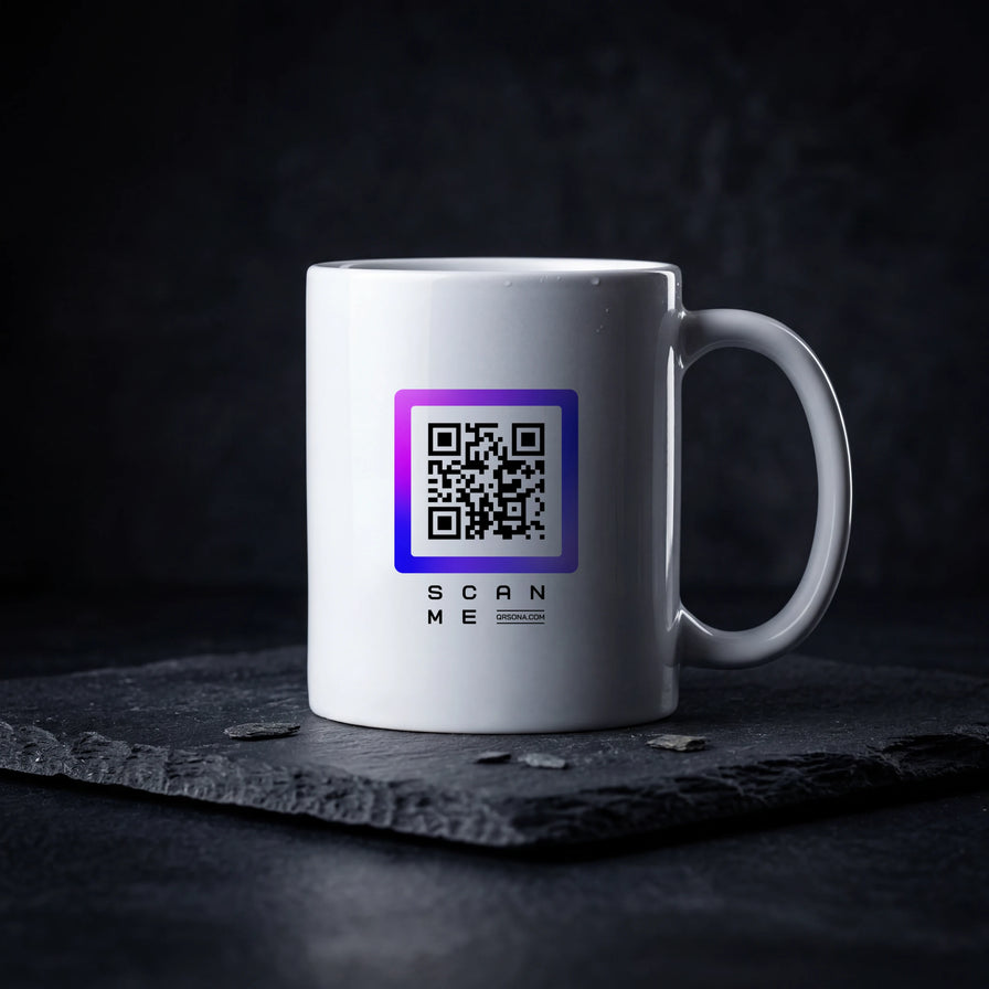 Qrsona Ceramic White mug with Purple QR Code style