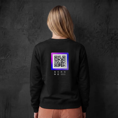 Woman wearing black crewneck with Purple QR code on chest