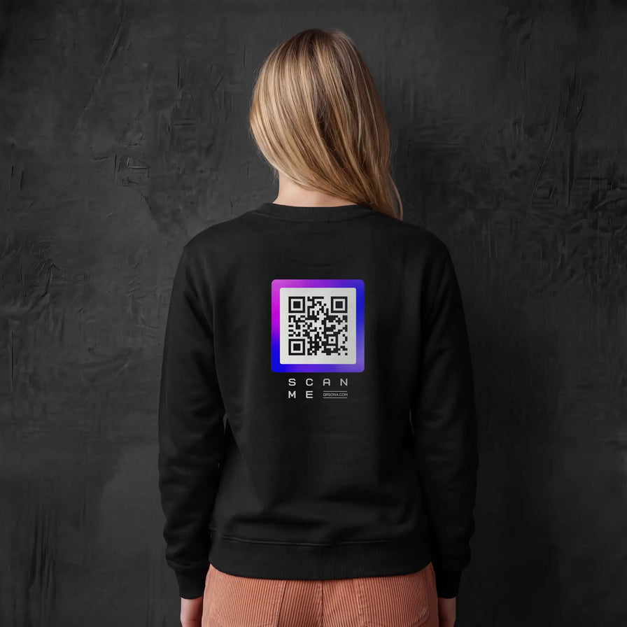Woman wearing black crewneck with Purple QR code on chest