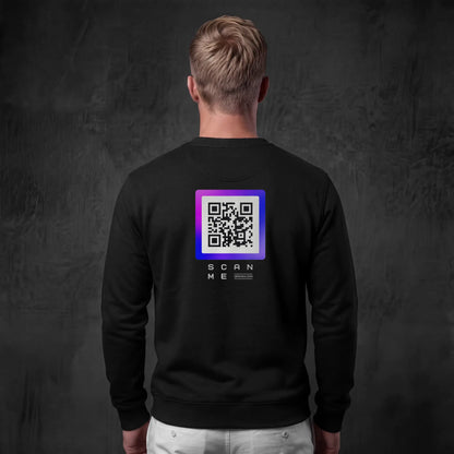 Man wearing black crewneck with purple QR code on back