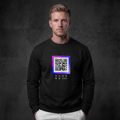 Man wearing black crewneck with purple QR code on chest