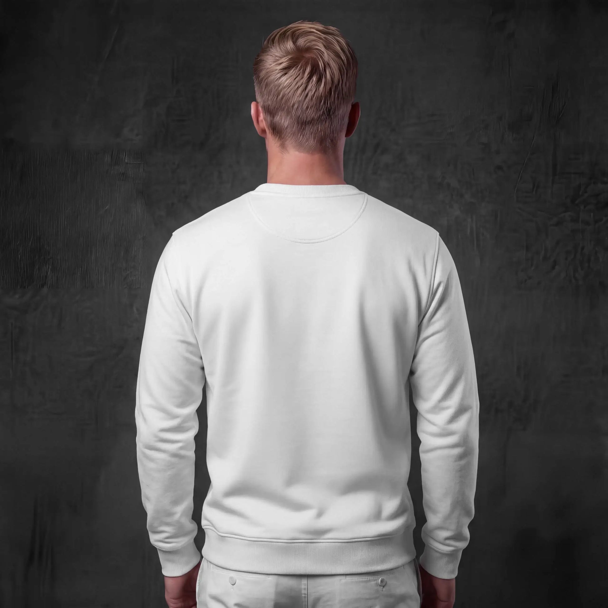 Man wearing white crewneck, back view
