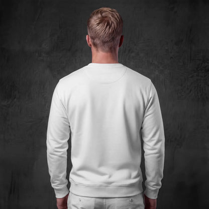 Man wearing white crewneck, back view