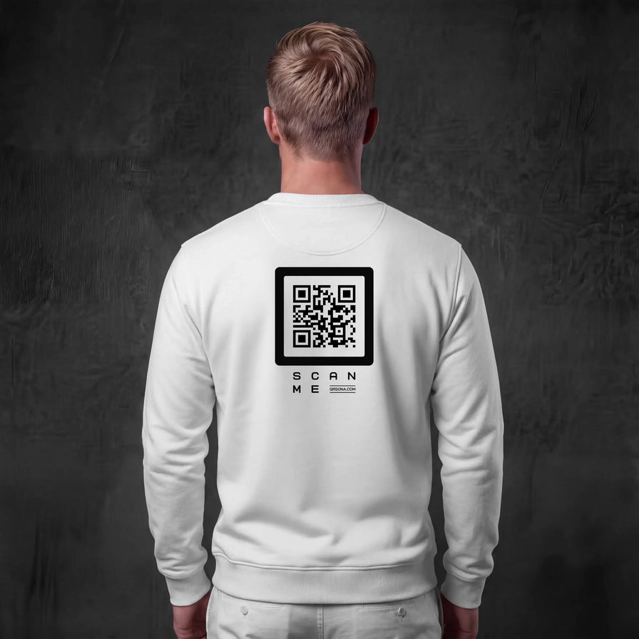 Man wearing white crewneck with Black QR code on back