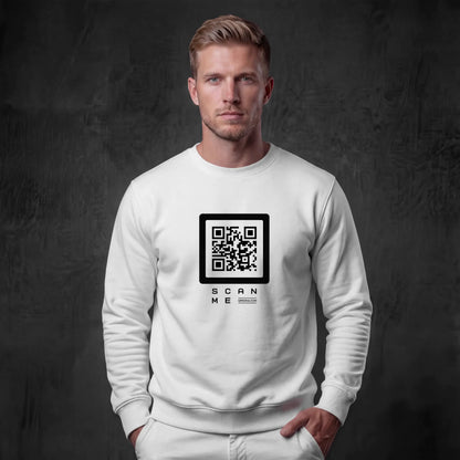 Man wearing white crewneck with Black QR code on chest