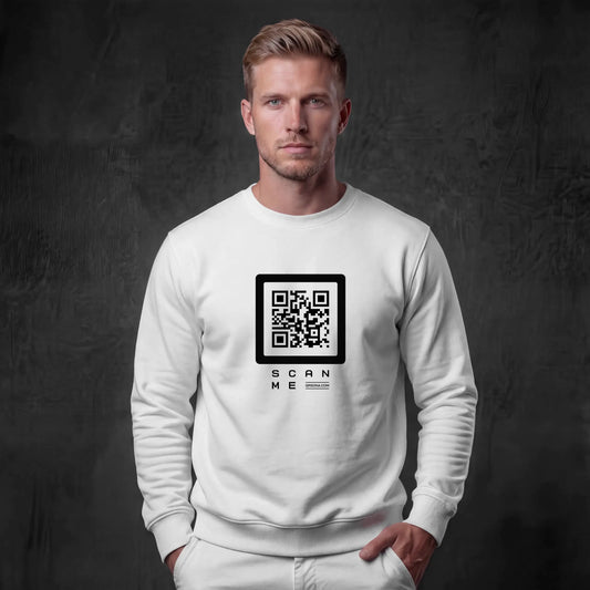 Man wearing white crewneck with Black QR code on chest