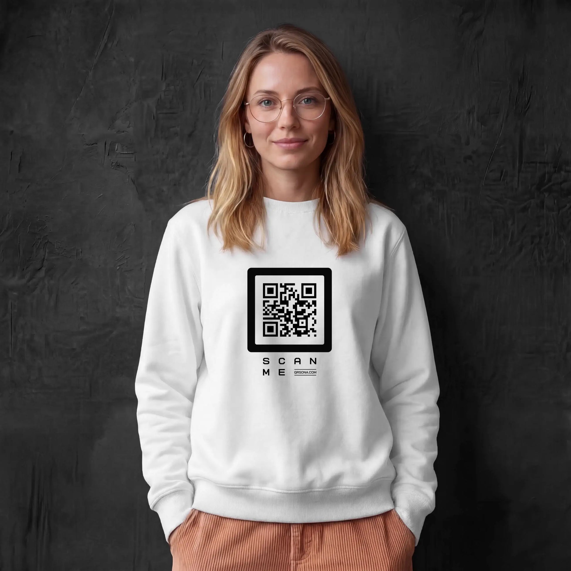 Woman wearing white crewneck with Black QR code on chest