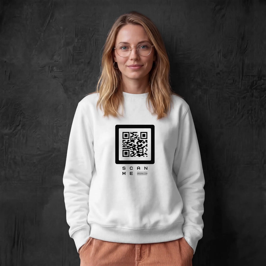 Woman wearing white crewneck with Black QR code on chest