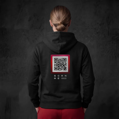 Woman wearing black hoodie with qr code on back