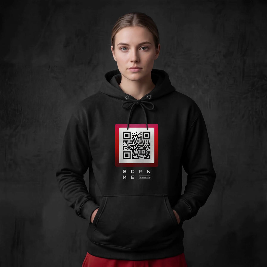 Woman wearing black hoodie with qr code on chest