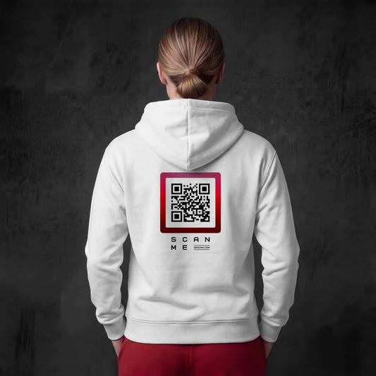 Woman wearing white hoodie with qr code on back