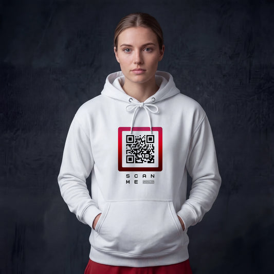Woman wearing white hoodie with qr code on chest