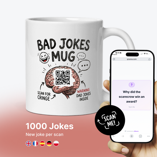 Bad Jokes QR Code Mug - 1000 Scannable Jokes for Office Humor