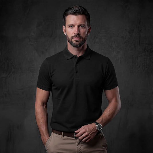 Man in black pique cotton polo front to camera