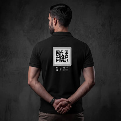 Man i black pique cotton polo with gray QR code