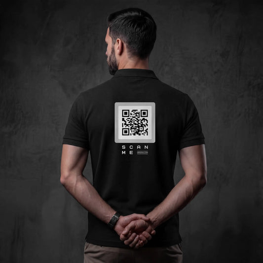 Man i black pique cotton polo with gray QR code