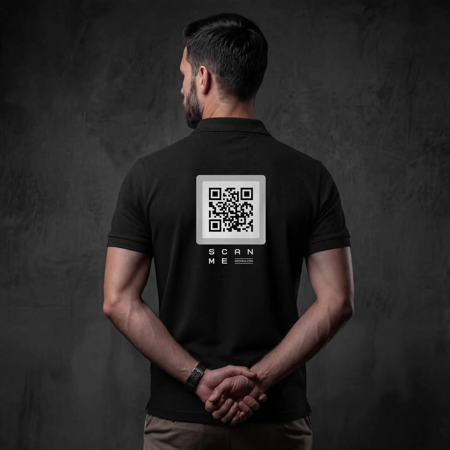 Man i black pique cotton polo with gray QR code