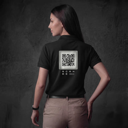 Woman in black pique cotton polo with gray QR code