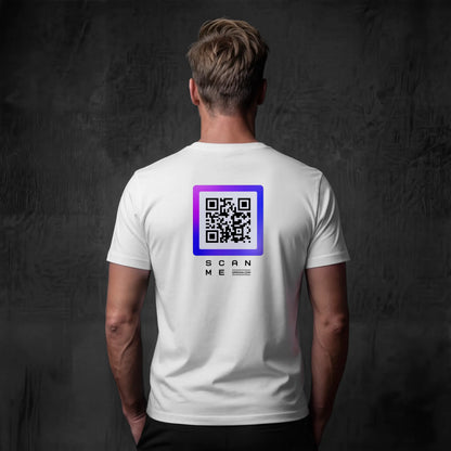 Man wearing white t-shirt with qr code on back