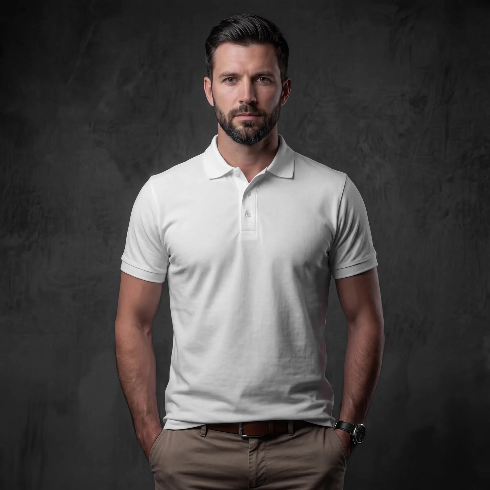 Man in white pique cotton polo with gray QR code front co camera