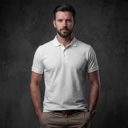 Man in white pique cotton polo with gray QR code front co camera