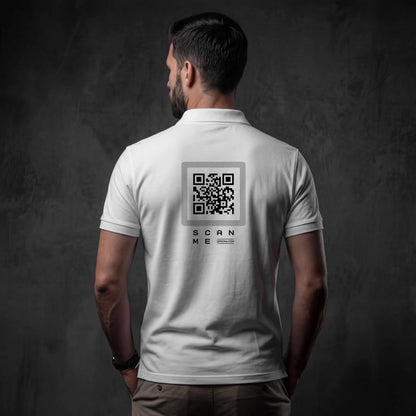 Man in white pique cotton polo with gray QR code