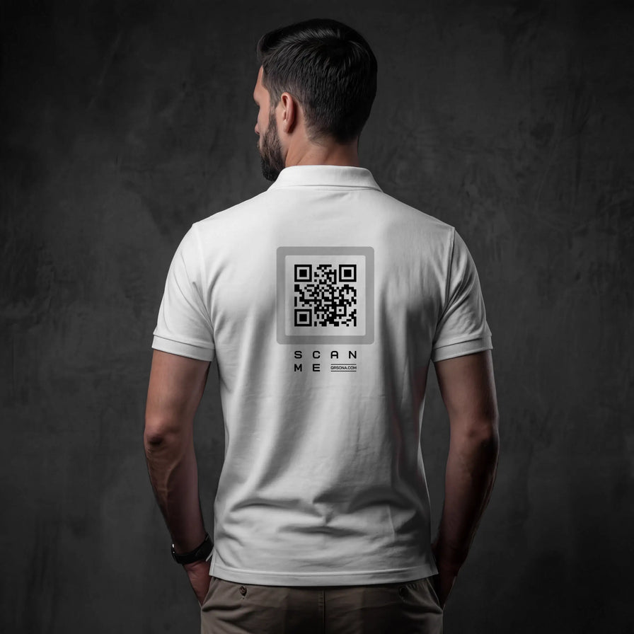Man in white pique cotton polo with gray QR code