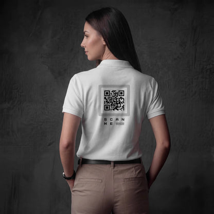 Woman in white pique cotton polo with gray QR code