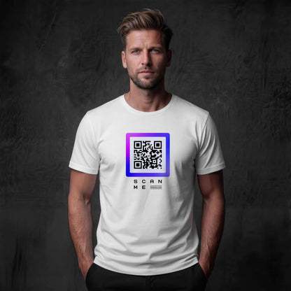 Man wearing white t-shirt with qr code on chest