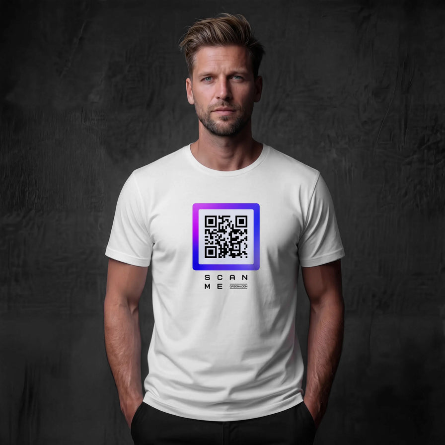 Man wearing white t-shirt with qr code on chest