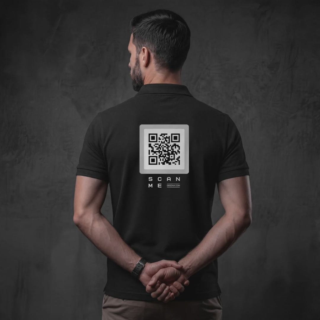 man in black pique cotton polo with gray QR code video
