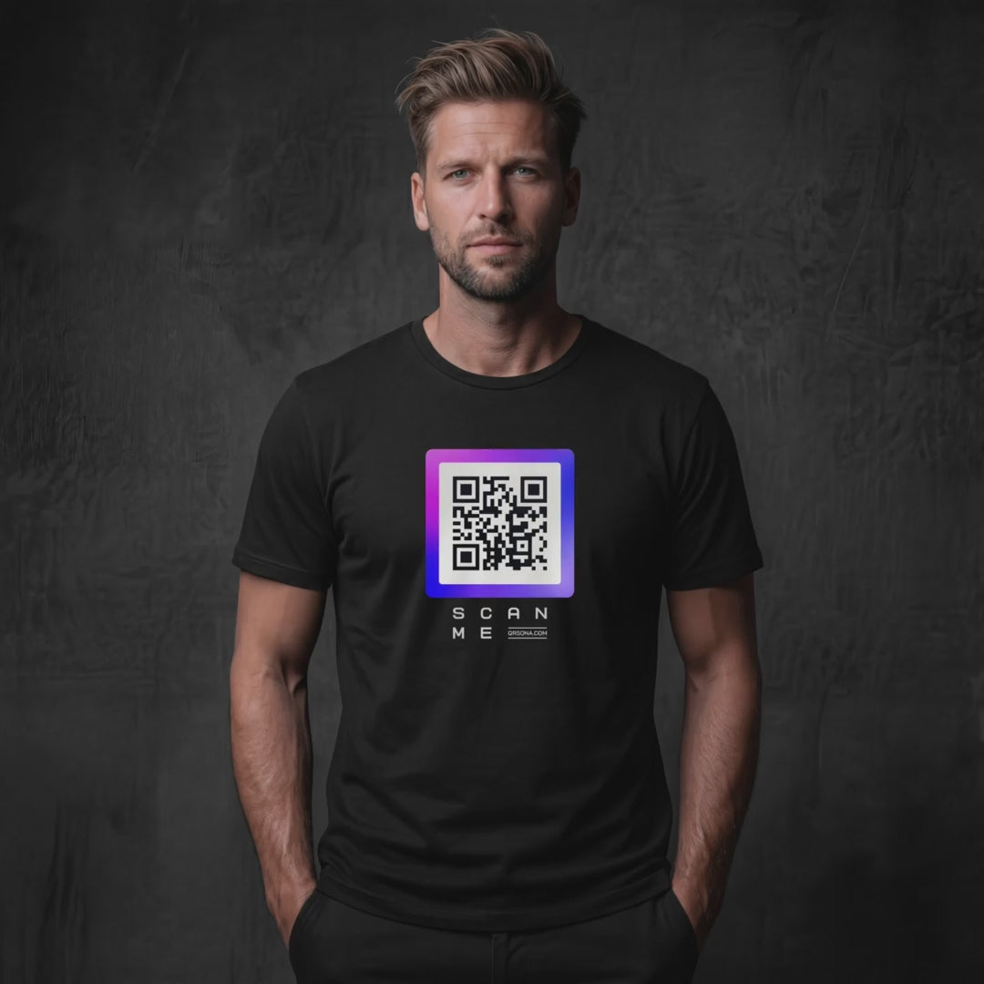 Video of man wearing black t-shirt with purple qr code on chest